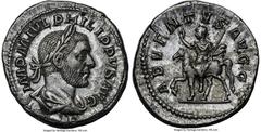 Ancients Roman Imperial Philip I (AD 244-249). AR denarius (21mm, 3.54 gm, 6h). NGC AU 5/5 - 3/5. Rome, AD 244. IMP M IVL PHILIPPVS AVG, laureate, draped, and cuirassed bust of Philip I right, seen fr