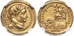Ancients Roman Imperial Constantine I the Great (AD 307-337). AV solidus (18mm, 4.39 gm, 6h). NGC AU 5/5 - 3/5, edge marks, light marks. Trier, AD 312-313. CONSTAN-TINVS P F AVG, laureate head of Cons
