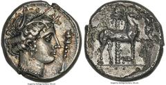 Ancients Greek SICULO-PUNIC. Sicily. Entella. Ca. 345-315 BC. AR tetradrachm (25mm, 16.10 gm). NGC AU 5/5 - 1/5. Head of Arethusa/Persephone right, hair wreathed with reeds, wearing triple pendant ear