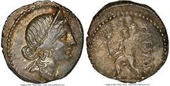 Ancients Roman Republic Julius Caesar, as Dictator (49-44 BC). AR denarius (18mm, 3.86 gm, 6h). NGC Choice AU 2/5 - 5/5. Military mint traveling with Caesar in North Africa, 48-46 BC. Diademed head of