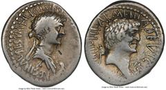Ancients Roman Republic Cleopatra VII of Egypt and Marc Antony, as Rulers of the East (37-30 BC). AR denarius (19mm, 3.58 gm, 12h). NGC Choice Fine 4/5 - 3/5, bankers mark. Alexandria, 34-32 BC. CLEOP
