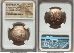 Ancients Byzantine Manuel I Comnenus (AD 1143-1180). EL aspron trachy (31mm, 4.21 gm, 6h). NGC MS 4/5 - 3/5, graffito, die shift. Constantinople, AD 1160-1164. IC-XC (barred), Christ standing facing o