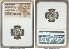 Ancients Roman Imperial Vitellius (late April-20 December AD 69). AR denarius (18mm, 3.04 gm, 6h). NGC Choice VF 4/5 - 2/5. Rome. A VITELLIVS GERMANICVS IMP, bare head of Vitellius right / CONCOR-DIA 