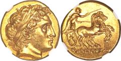 Macedonian Kingdom. Philip II. 359-336 B.C. AV stater (17 mm, 11 h). Kolophon, under Philip III, ca. 323-319 B.C. Laureate head of Apollo right, with the features of Alexander III / Charioteer driving