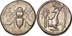 Ionia, Ephesos. Ca. 390-325 B.C. AR tetradrachm (23 mm, 15.17 g, 12 h). Ca. 370-360 B.C. Mnesiphilos, magistrate. Bee with straight wings / Forepart of stag right, head turned to look back; in left fi