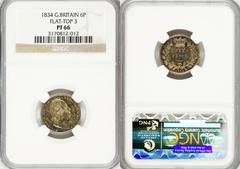 William IV Proof Sixpence 1834, S3836, PF66 NGC, reeded edge Proof of Record, extremely rare, a superb piece with highly reflective "watery" mirrored fields, 100% full proof strike from a perfect impr