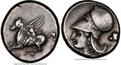 Ancients Greek CORINTHIA. Corinth. 4th century BC. AR stater (21mm, 8.52 gm, 2h). NGC Choice VF 4/5 - 3/5, brushed. Pegasus flying left, Ϙ below / Head of Athena left, wearing beaded necklace and Cori