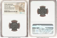 Ancients Roman Provincial LYDIA. Maeonia. Ca. 2nd-3rd centuries AD. AE (23mm, 3.12 gm, 6h). NGC AU 5/5 - 3/5, Fine Style, light smoothing. ΜΑΙΟ-ΝΩΝ, bearded head of Heracles left / ΕΠΙ ΔΗΜΗ-ΤΡΙΟΥ, Omp