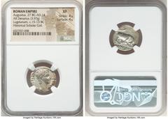 Ancients Roman Imperial Augustus (27 BC-AD 14). AR denarius (19mm, 3.97 gm, 7h). NGC XF 4/5 - 4/5. Lugdunum, ca. 15-13 BC. AVGVSTVS-DIVI•F, bare head of Augustus right / IMP•X, bull charging right, he