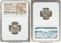 Ancients Roman Imperial Vitellius (late April-20 December AD 69). AR denarius (20mm, 3.50 gm, 6h). NGC Choice VF 5/5 - 4/5. Rome. A VITELLIVS GERM IMP AVG TR P, laureate head of Vitellius right / PONT