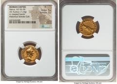Ancients Roman Imperial Nerva (AD 96-98). AV aureus (19mm, 7.24 gm, 7h). NGC Fine 5/5 - 3/5. Rome, AD 96. IMP NERVA CAES AVG-P M TR P COS II P P, laureate head of Nerva right / CONCORDIA•EXERCITVM, cl