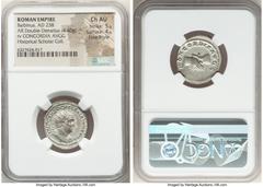 Ancients Roman Imperial Balbinus (April-July AD 238). AR antoninianus (23mm, 4.40 gm, 6h). NGC Choice AU 5/5 - 4/5, Fine Style. Rome. IMP CAES D CAEL BALBINVS AVG, radiate, draped, and cuirassed bust 