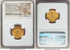 Ancients Byzantine Heraclius (AD 610-641), with Heraclius Constantine. AV solidus (22mm, 4.41 gm, 5h). NGC Choice AU 5/5 - 4/5. Constantinople, 10th officina, ca. AD 616-625. dd NN hЄRACLIЧS ЄT hЄRA C