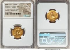 Ancients Byzantine Heraclonas (AD 641) or Constans II Pogonatus (AD 641-668). AV solidus (20mm, 4.34 gm, 5h). NGC Choice AU 5/5 - 4/5, clipped. Constantinople, 6th officina, May-December AD 641. d N C
