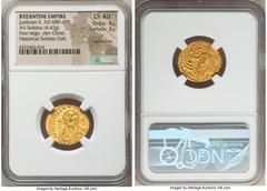 Ancients Byzantine Justinian II, First Reign (AD 685-695). AV solidus (20mm, 4.42 gm, 7h). NGC Choice AU 4/5 - 3/5, light marks. Constantinople, 2nd officina, AD 692-695. IhS CRIStDS RЄX-RЄϚNANtIЧM, h