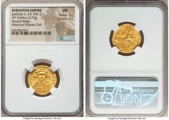 Ancients Byzantine Justinian II Rhinotmetus, Second Reign (AD 705-711). AV solidus (21mm, 4.37 gm, 7h). NGC MS 5/5 - 3/5. Constantinople, AD 705-706. d N IhS ChS RЄX-RЄGNANTIЧM, facing bust of youthfu