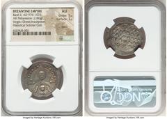 Ancients Byzantine Basil II Bulgaroctonos (AD 976-1025). AR miliaresion (27mm, 2.86 gm, 7h). NGC AU 5/5 - 3/5, marks. Constantinople, AD 989. ΘCЄ bΘ, tOIS bASILS', nimbate bust of the Virgin Nikopoios