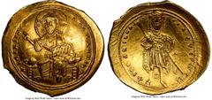 Ancients Byzantine Isaac I Comnenus (AD 1057-1059). AV histamenon nomisma (26mm, 4.39 gm, 5h). NGC Choice AU 5/5 - 3/5, marks. Constantinople. + IhS XIS RЄX-RЄϚNANTIhM, Christ seated facing on backles