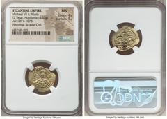 Ancients Byzantine Michael VII Ducas (AD 1071-1078), with Maria of Alania. EL tetarteron nomisma (20mm, 4.03 gm, 5h). NGC MS 4/5 - 5/5. Constantinople. +ΘKE-POHΘ, bust of the Virgin Mary facing, veile