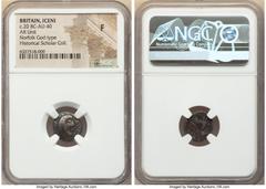 Ancients Celtic BRITAIN. Iceni. Ca. 20 BC-AD 40. AR unit (14mm, 10h). NGC Fine. Uninscribed coinage, Norfolk God Type. Male head right, oval eye, wearing mustache, short dashes for hair with longer cr