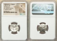 Ancients Greek CYRENAICA. Cyrene. Ca. 308-277 BC. AR didrachm (19mm, 12h). NGC Fine. Magas as Ptolemaic governor, ca. 300-282/75 BC. Bare head of Apollo-Carneius right, with horn of Ammon / K-Y/P-A, s