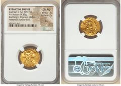 Ancients Byzantine Justinian II Rhinotmetus, Second Reign (AD 705-711). AV solidus (20mm, 4.33 gm, 7h). NGC Choice AU 3/5 - 2/5, bent, clipped, marks. Constantinople, AD 705-706. d N IhS ChS RЄX-RЄGNA