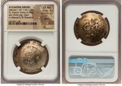 Ancients Byzantine Manuel I Comnenus (AD 1143-1180). EL aspron trachy (31m, 4.34 gm, 6h). NGC Choice AU 4/5 - 2/5, graffito. Constantinople, AD 1160-1164. IC-XC (barred), Christ standing facing on dai