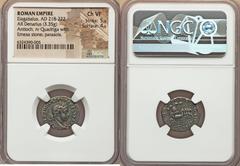 Ancients Roman Imperial Elagabalus (AD 218-222). AR denarius (19mm, 3.35 gm, 11h). NGC Choice VF 5/5 - 4/5. Antioch, AD 218-219. ANTONINVS PIVS FELIX AVG, laureate, draped, and cuirassed bust of Elaga