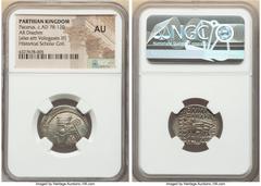 Ancients Greek PARTHIAN KINGDOM. Pacorus I (ca. AD 78-120). AR drachm (22mm, 12h). NGC AU. Ecbatana. Bust of Pacorus left with long pointed beard, wearing double banded diadem with double loop, spiral