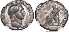 Ancients Roman Imperial Vitellius (late April-20 December AD 69). AR denarius (18mm, 2.82 gm, 5h). NGC Fine 4/5 - 3/5/. Rome. A VITELLIVS GERMANICVS IMP, bare head of Vitellius right / CONCOR-DIA P R,