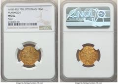 Islamic Dynasties Ottoman Empire Ottoman Empire. Mahmud I gold Zeri Mahbub AH 1143 (1730/1731) MS62 NGC, Misr mint, KM222. Well struck with underlying luster, russet toning and aged golden color. HID0
