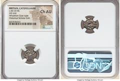 Ancients Celtic BRITAIN. Catuvellauni & Trinovantes. Ca. 60-20 BC. AR unit (14mm, 0.80 gm, 5h). NGC Choice AU. Uninscribed issues, Whaddon Goat/Stag type, ca. 45-40 BC. Celtic head left with corded ha