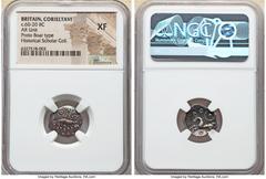 Ancients Celtic BRITAIN. Corieltavi. Ca. 60-20 BC. AR unit (16mm, 1.48 gm, 12h). NGC XF. Proto Boar type. Boar standing right, pierced by spear; tetraskelion above head, beaded sun above back / Celtic