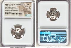 Ancients Greek SARONIC ISLANDS. Aegina. Ca. 525-475 BC. AR stater (18mm, 12.07 gm). NGC Choice Fine 5/5 - 3/5, countermarks. Sea turtle, viewed from above, head turned sideways, with trefoil collar an