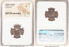 Ancients Roman Imperial Vitellius (late April-20 December AD 69). AR denarius (19mm, 6h). NGC Fine. Rome, April-December AD 69. A VITELLIVS GERMANICVS IMP, bare head of Vitellius right / Anepigraphic,