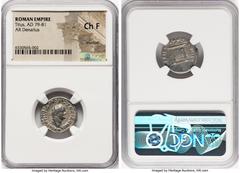 Ancients Roman Imperial Titus, as Augustus (AD 79-81). AR denarius (18mm, 5h). NGC Choice Fine, brushed. Rome, January-June AD 80. IMP TITVS CAES VESPASIAN AVG P M, laureate head of Titus right / TR P