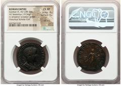 Ancients Roman Imperial Gordian III, as Augustus (AD 238-244). AE sestertius (31mm, 19.34 gm, 12h). NGC Choice XF 4/5 - 5/5, die shift. Rome, AD 240. IMP GORDIANVS PIVS FEL AVG, laureate, draped and c