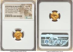 Ancients Greek MACEDONIAN KINGDOM. Philip II (359-336 BC). AV hemistater (13mm, 4.14 gm, 6h). NGC Choice XF 5/5 - 3/5. Amphipolis II, ca. 342/1-329/8 BC. Head of young Heracles right, wearing lion ski