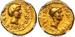 Ancients Roman Republic Octavian, as Consul (ca. 43 BC), with Julius Caesar, as Dictator Perpetuo and Pontifex Maximus. AV aureus (18mm, 7.89 gm, 3h). NGC Choice Fine 4/5 - 2/5, scratches, edge marks.