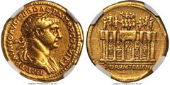 Ancients Roman Imperial Trajan (AD 98-117). AV aureus (20mm, 7.13 gm, 6h). NGC Choice VF 5/5 - 3/5, edge marks. Rome, AD 112-113. IMP TRAIANO AVG GER DAC P M TR P COS VI P P, laureate, draped bust of 