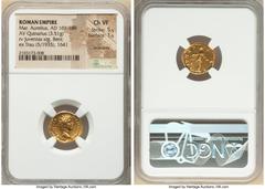 Ancients Roman Imperial Marcus Aurelius, as Caesar (AD 161-180). AV quinarius (16mm, 3.51 gm, 6h). NGC Choice VF 5/5 - 1/5, ex-jewelry, bent. Rome, AD 140-144. AVRELIVS CAE-SAR AVG PII F COS, bare hea