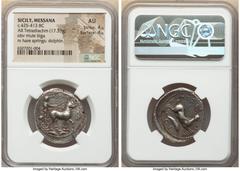 Ancients Greek SICILY. Messana. Ca. 425-413 BC. AR tetradrachm (28mm, 17.33 gm, 2h) NGC AU 4/5 - 4/5. MEΣΣA-NA, Nymph Messana, holding kentron and reins, driving biga of mules walking right; two dolph