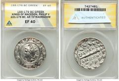Ancients Greek MACEDONIAN KINGDOM. Philip V (221-179 BC). AR tetradrachm (33mm, 11h). ANACS XF 40. Pella or Amphipolis, ca. 211-197 BC, Zoilos, magistrate. Head of Perseus left, wearing winged Phrygia