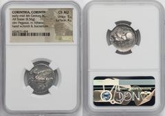 Ancients Greek CORINTHIA. Corinth. Early-mid 4th century BC. AR stater (22mm, 8.56 gm, 9h). NGC AU 5/5 - 4/5. Pegasus flying left, Ϙ below / Head of Athena right, wearing plain necklace and Corinthian