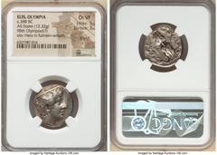 Ancients Greek ELIS. Olympia. Ca. 388 BC. AR stater (23mm, 12.32 gm, 5h). NGC Choice VF 5/5 - 3/5, scratch. Hera Mint, 98th Olympiad. Head of Hera right, hair cut short with curls gently falling on ch