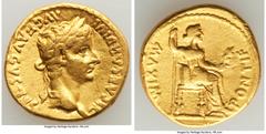 Ancients Roman Imperial Tiberius (AD 14-37). AV aureus (18mm, 7.32 gm, 3h). VF, tooled. Lugdunum, ca. AD 14-17. TI CAESAR DIVI-AVG F AVGVSTVS, laureate head of Tiberius right / PONTIF-MAXIM, Livia, as