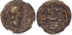 Ancients Roman Imperial Nero, as Augustus (AD 54-68). AE sestertius (34mm, 25.49 gm, 6h). NGC Fine 5/5 - 1/5. Rome, AD 64. NERO CLAVD CAESAR AVG GER P M TR P IMP P P, laureate bust of Nero right, aegi