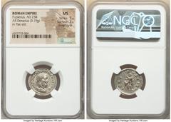 Ancients Roman Imperial Pupienus (April-July AD 238). AR denarius (20mm, 3.19 gm, 12h). NGC MS 5/5 - 3/5, Fine Style. Rome, 1st emission. IMP C M CLOD PVPIENVS AVG, laureate, draped, and cuirassed bus