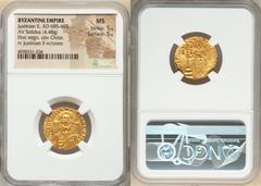 Ancients Byzantine Justinian II, First Reign (AD 685-695). AV solidus (19mm, 4.48 gm, 6h). NGC MS 5/5 - 5/5. Constantinople, AD 692-695. IhS CRIStDS RЄX-RЄϚNANtIЧM, half-length bust of Christ facing, 