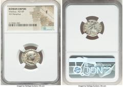 Ancients Roman Imperial Vitellius (late April-20 December AD 69). AR denarius (19mm, 5h). NGC Fine. Rome, July-December AD 69. A VITELLIVS GERM IMP AVG TR P, laureate head of Vitellius right / CONCOR-